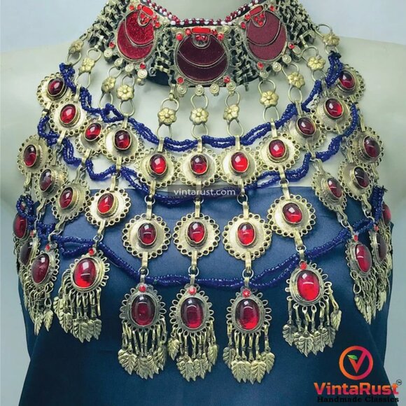 Red Choker Necklace, Vintage Layered Oversized Necklace With Red Glass Stones, - Picture 1 of 10